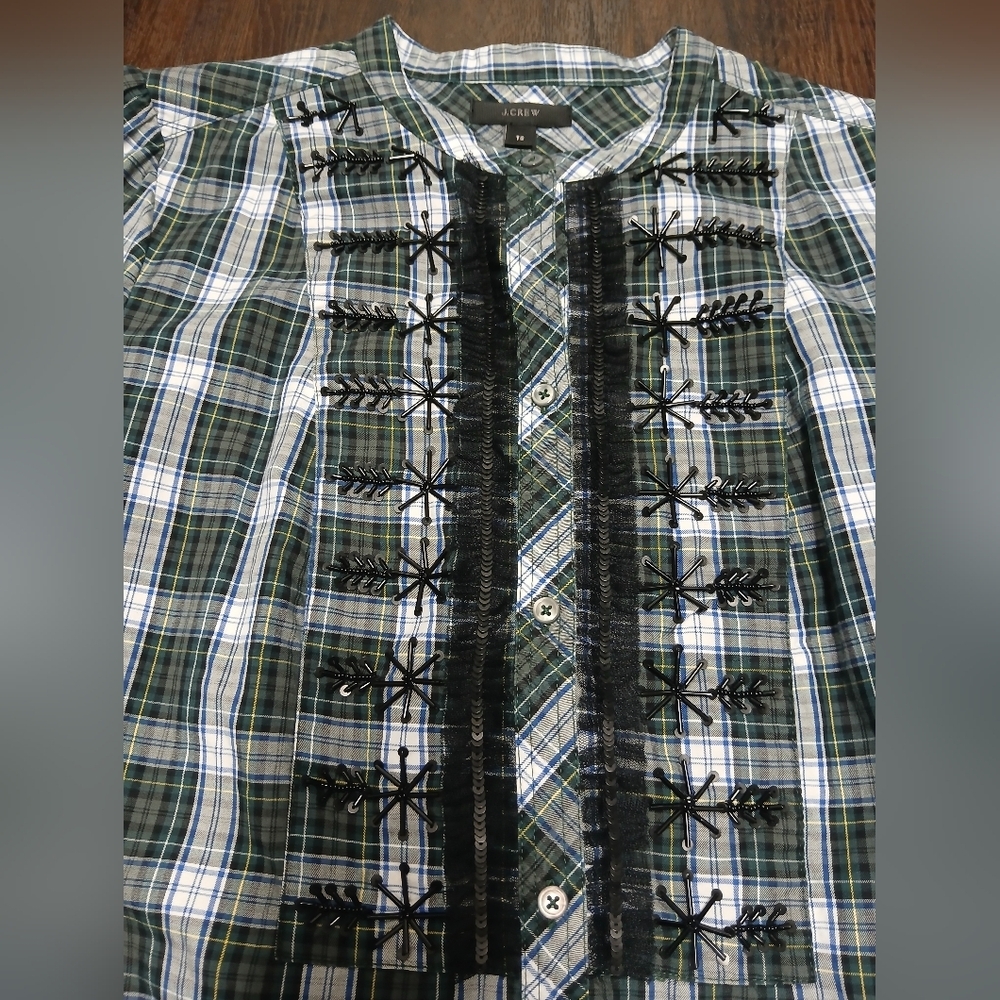 J. Crew Green and Black Plaid Ruffle-Front Button Shirt - Picture 3 of 9